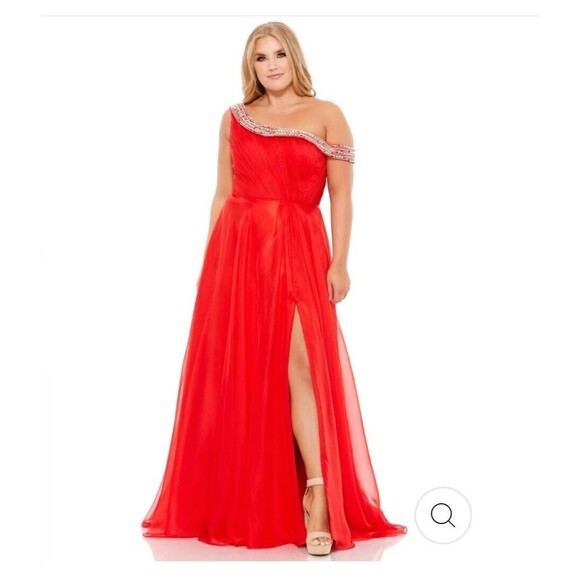 New MAC DUGGAL 67727 Red Beaded Drop Shoulder Pleated Flowy Gown Wn's (14W)-$458 - Picture 2 of 12